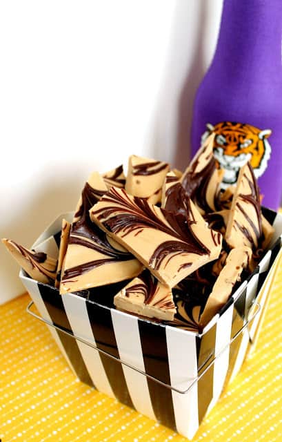 white and milk chocolate bark swirled with peanut butter