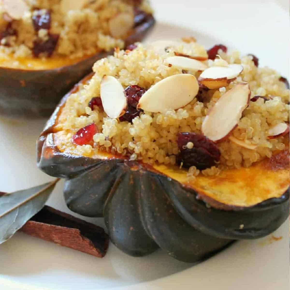 Vegetarian Stuffed Acorn Squash filled with a spiced quinoa mixture.
