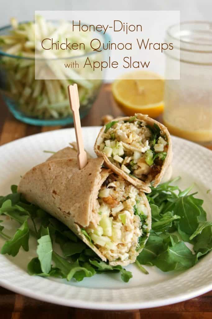 Healthy Chicken Wraps on a white plate with arugula. 