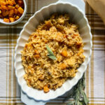 Overhead shot of Roasted Butternut Squash Risotto in a white dish.