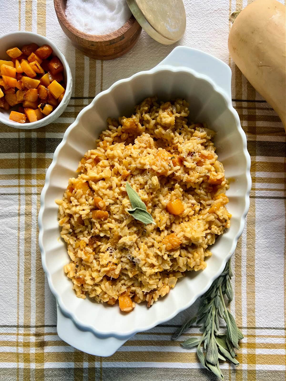 Overhead shot of Roasted Butternut Squash Risotto in a white dish.