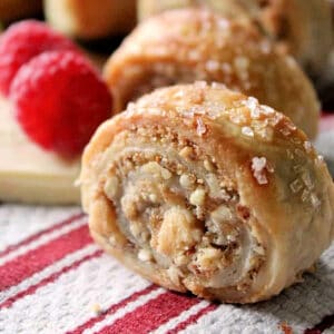 A closeup of a White Chocolate Almond Rugelach to show texture.