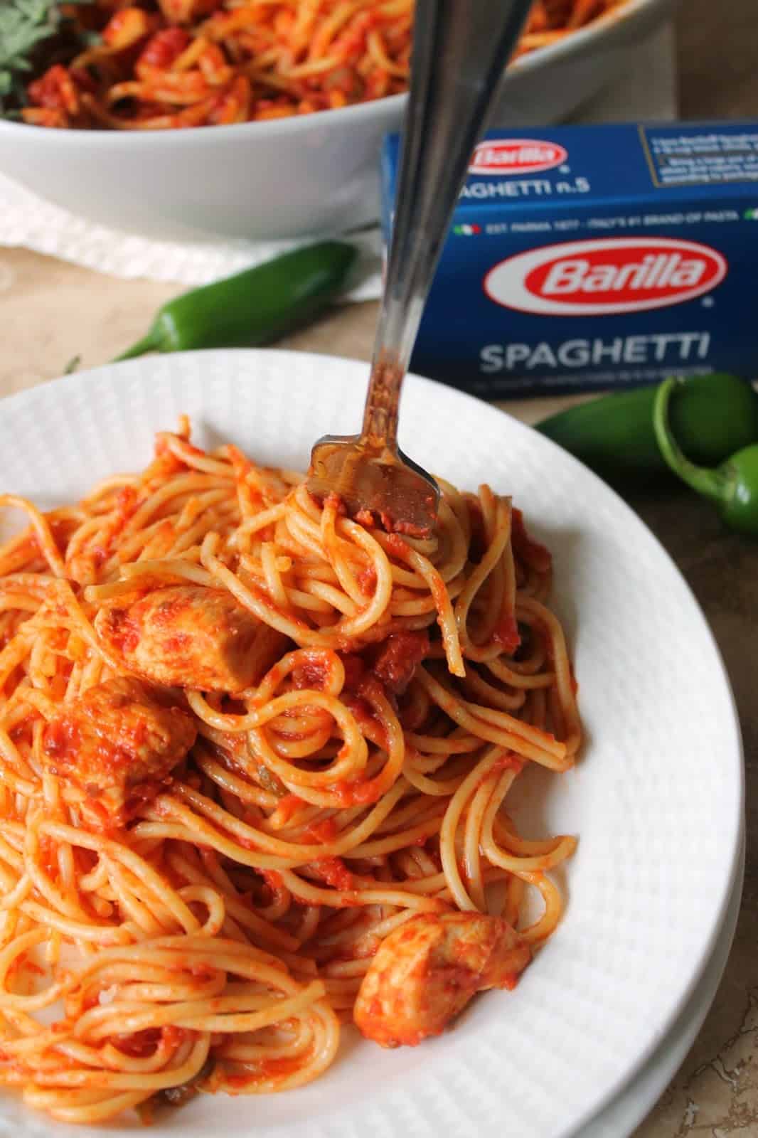 Spaghetti with Chicken & Spicy Tomato Sauce on a white plate with fork.