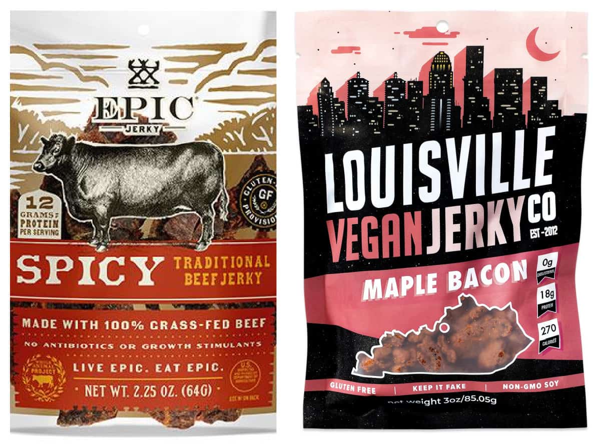 Collage image of jerky for road trip snacks.