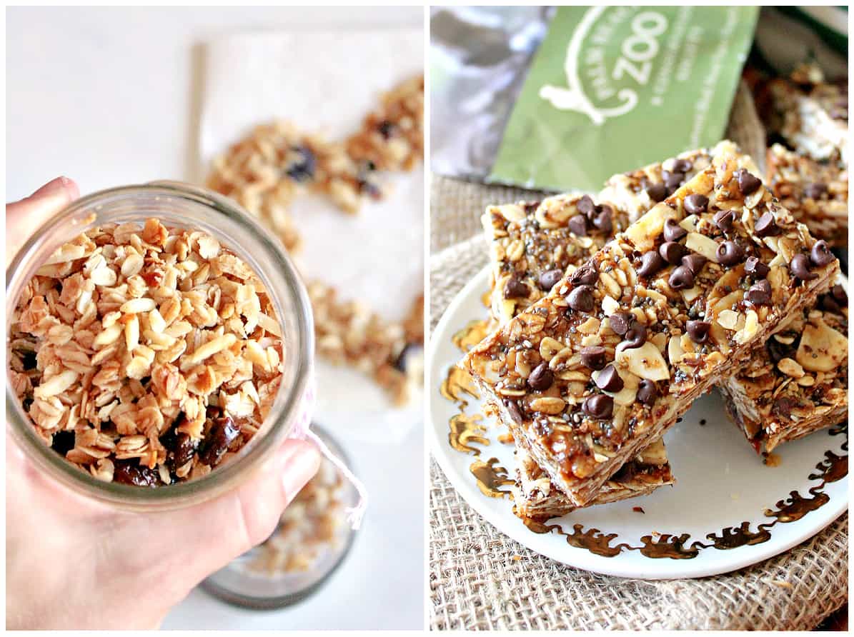 Collage of images of Cherry Vanilla Granola and Banana Peanut Butter Chocolate Chip Granola Bars.