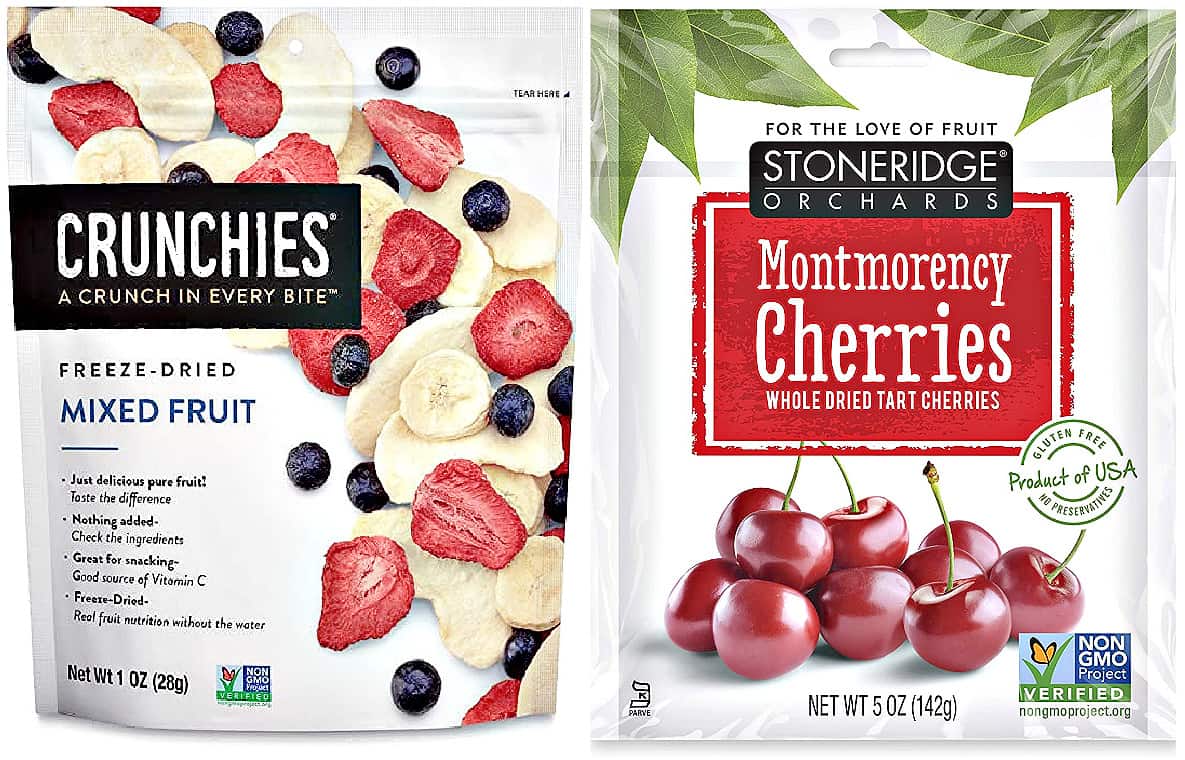 Collage of dried fruit and freeze dried fruit in packaging.