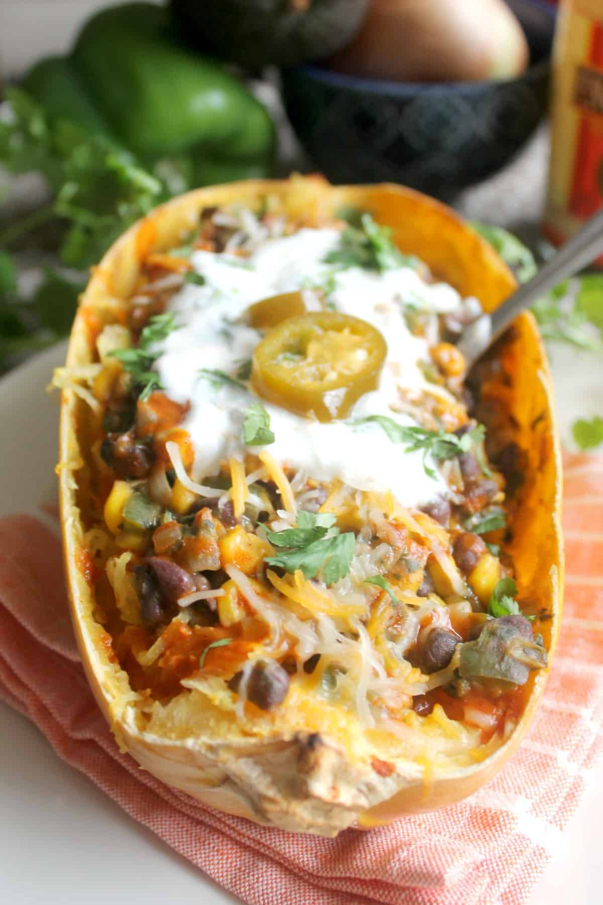 Veggie Enchilada Bowls make a smart choice any day! Serve "filling" atop spaghetti squash, baked sweet potato, rice or quinoa for a filling, flavorful meal!
