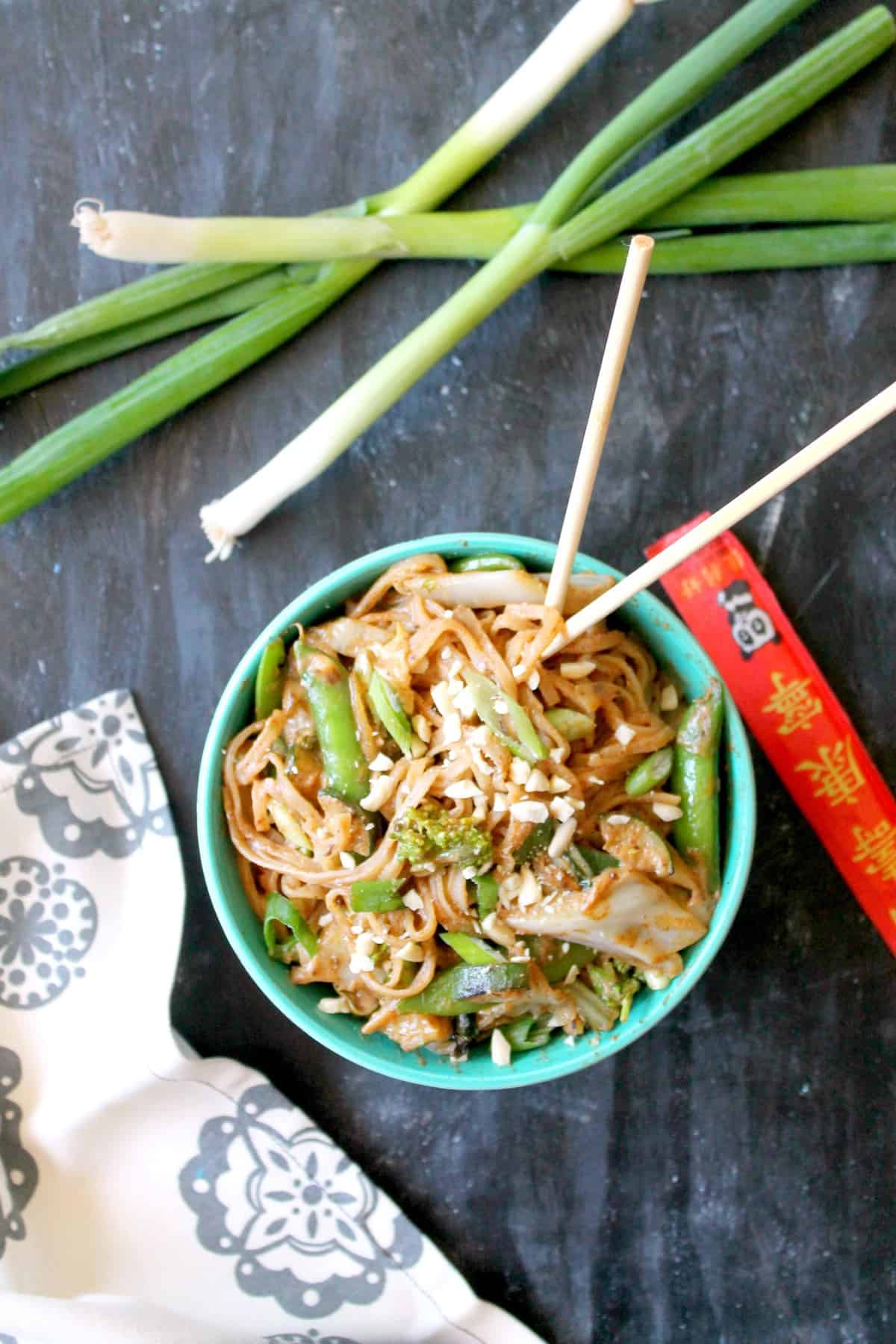 Almond Butter Noodle Stir Fry is a quick, satisfying meal that comes together in minutes! Whether you keep it vegetarian or add a protein to the mix, this is a fast meal that you'll want to have in your back pocket any day of the week!