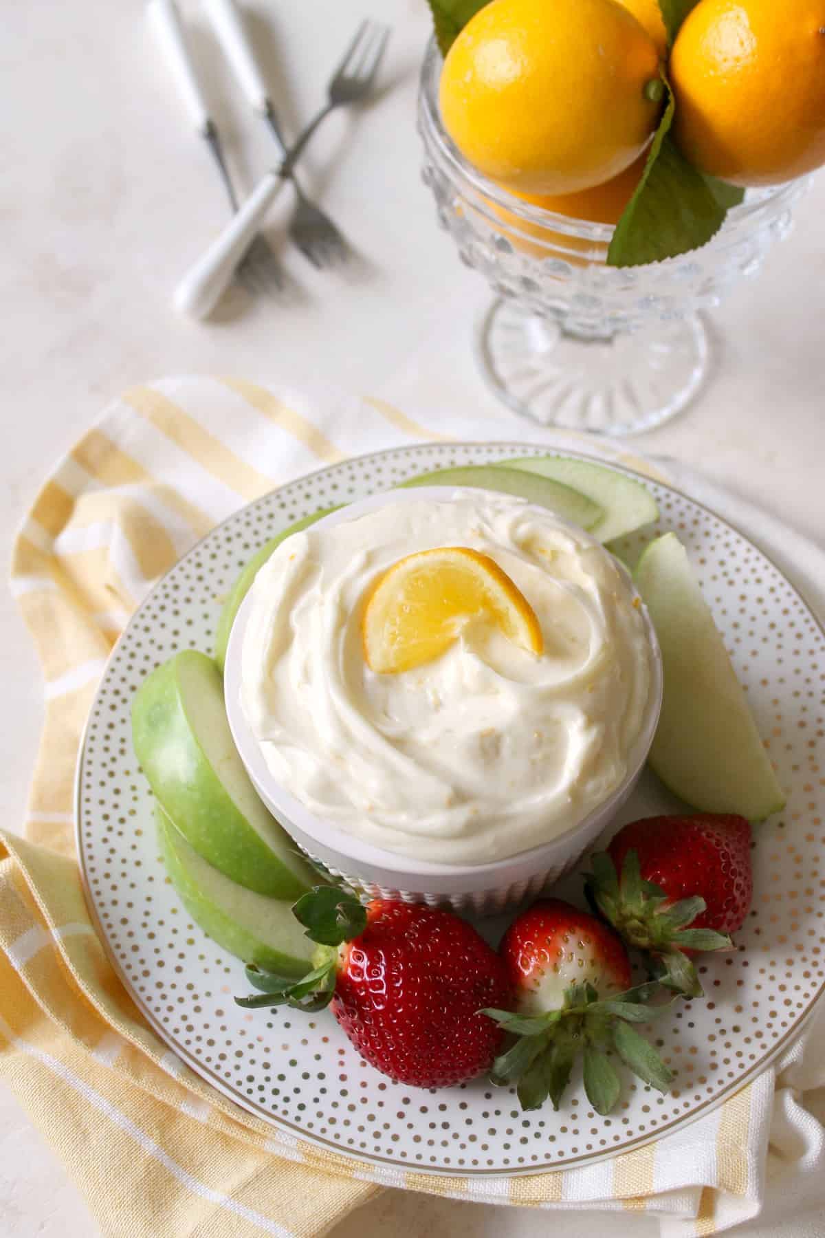 Meyer Lemon Mascarpone Fruit Dip! If you're looking for something sweet and simple to serve at any gathering -- from brunches to baby showers -- this creamy fruit dip is just the thing! Mascarpone cheese adds richness and tang while Meyer Lemon zest and juice make it a fragrant addition to any fruit platter. 