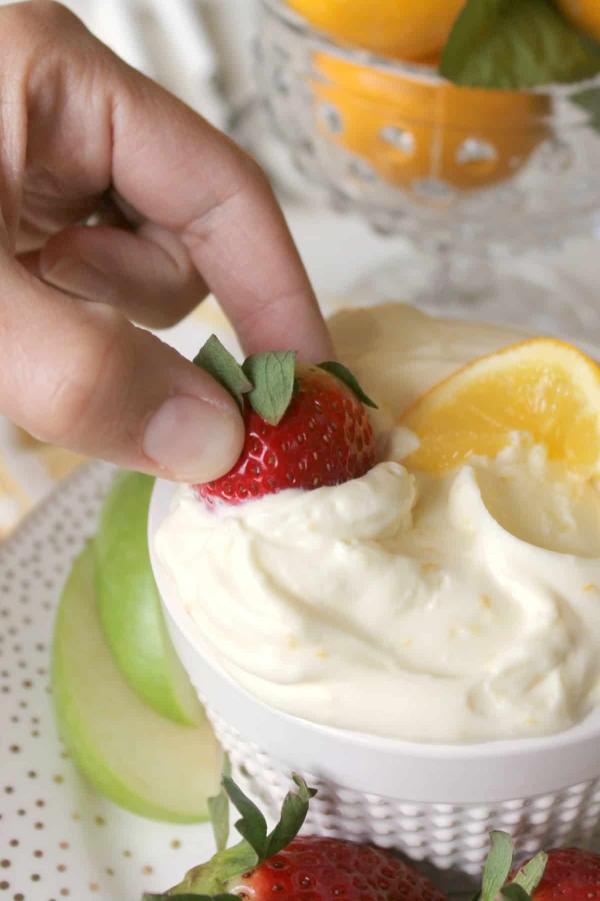 Meyer Lemon Mascarpone Fruit Dip! If you're looking for something sweet and simple to serve at any gathering -- from brunches to baby showers -- this creamy fruit dip is just the thing! Mascarpone cheese adds richness and tang while Meyer Lemon zest and juice make it a fragrant addition to any fruit platter.