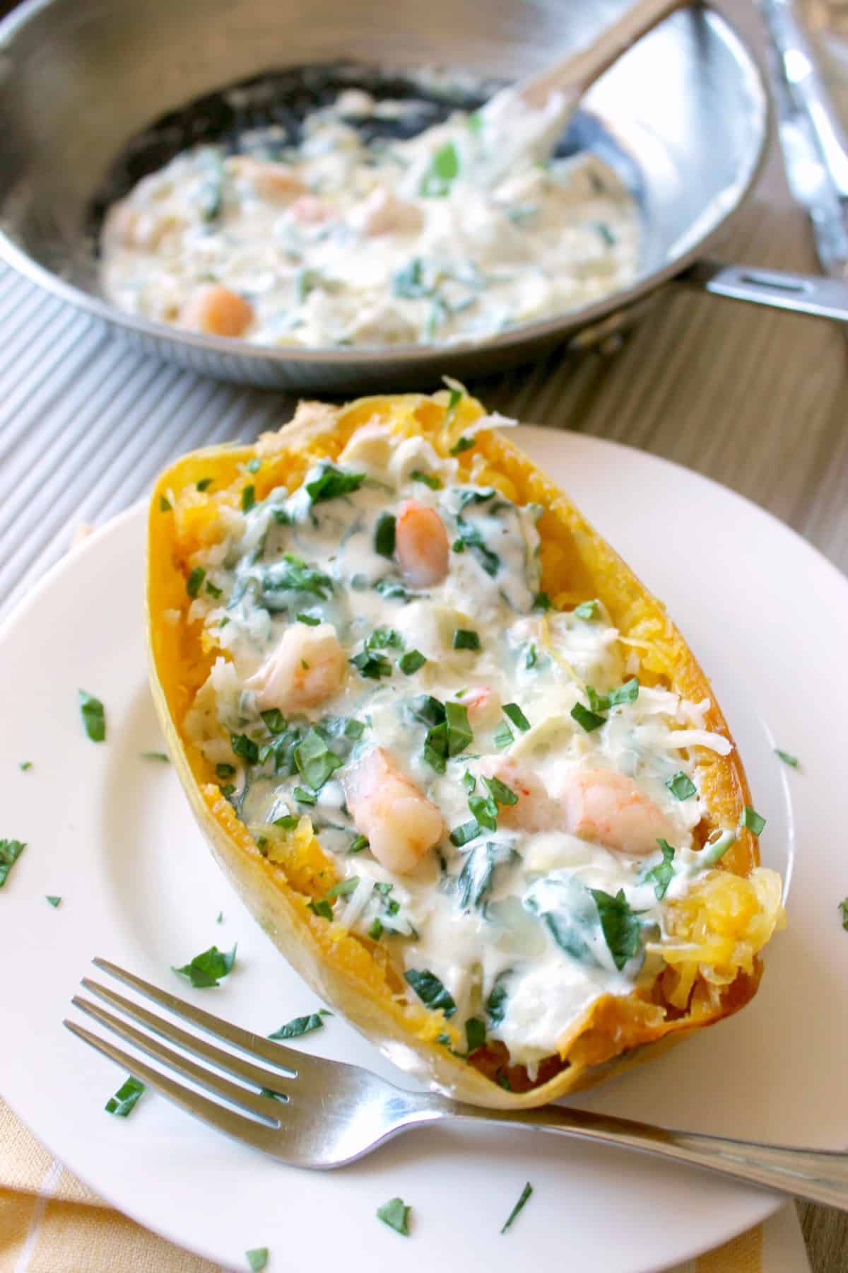 Creamy Spaghetti Squash Boats With Shrimp The Kitchen Prep Blog 7231