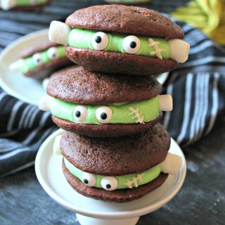 Frankenstein Chocolate Whoopie Pies! Turn this classic dessert into a quick and clever sweet Halloween treat with just a few decorative tweaks.
