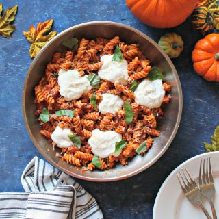 Easy Pumpkin Marinara Pasta with Whipped Cottage Cheese "Ricotta" -- a fall twist on a quick dinnertime classic that will become a family favorite!
