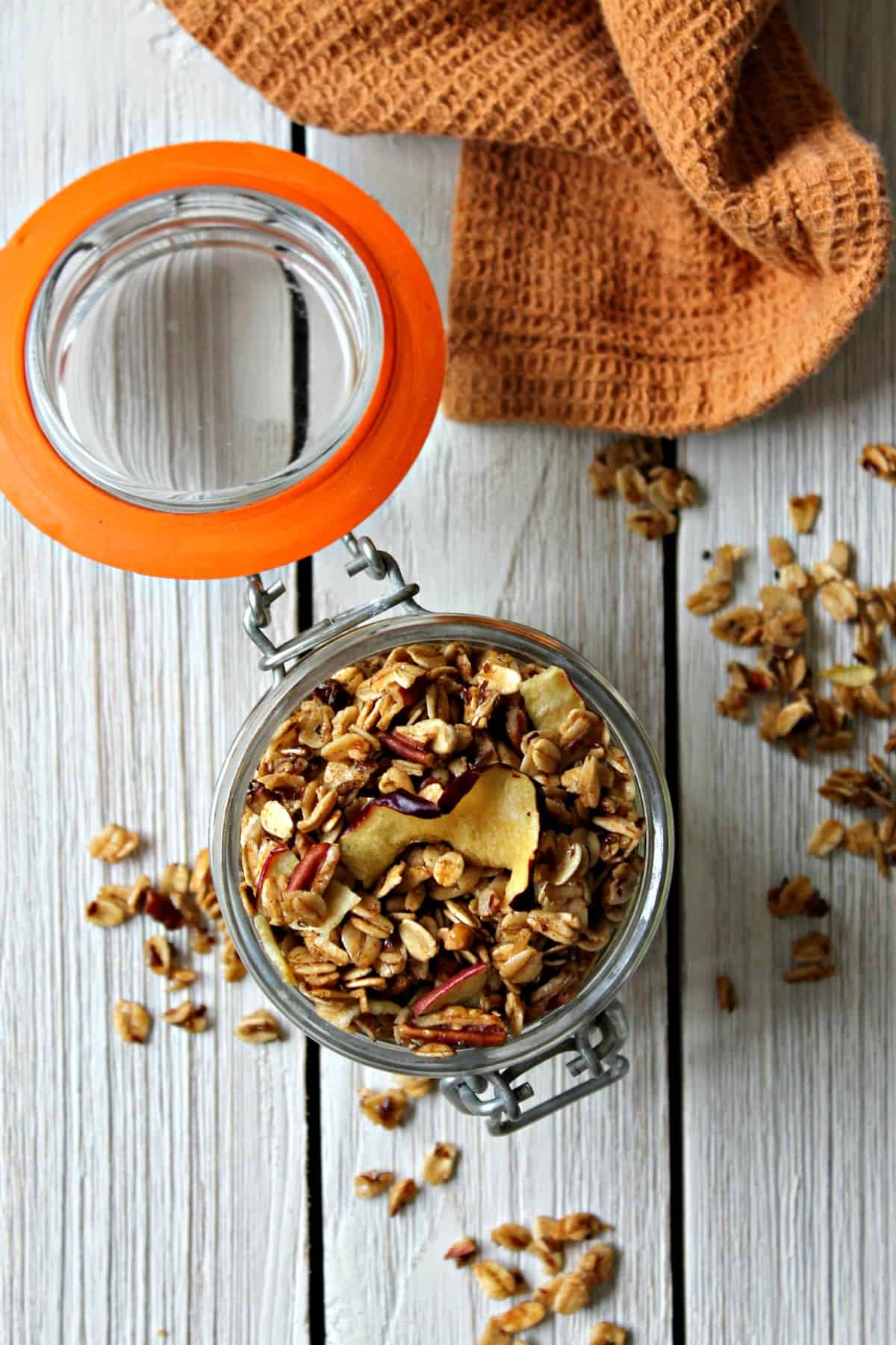 Warm spices, pecan bits and dried apple add a hint of seasonal flavor that will quickly make this Spiced Apple Pecan Granola your preferred fall snack!