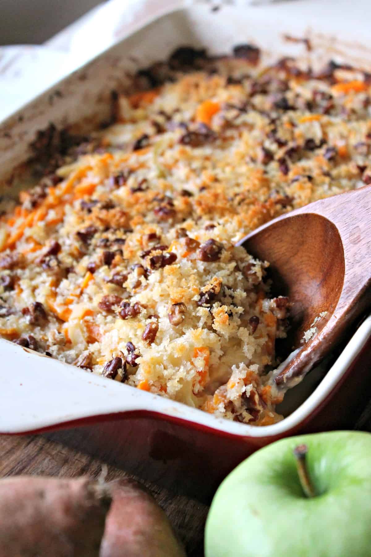 Spiralized Sweet Potato, Apple & Gouda Gratin! A new, delicious way to serve up sweet potatoes at your holiday table. Savory, sweet, creamy & crunchy!