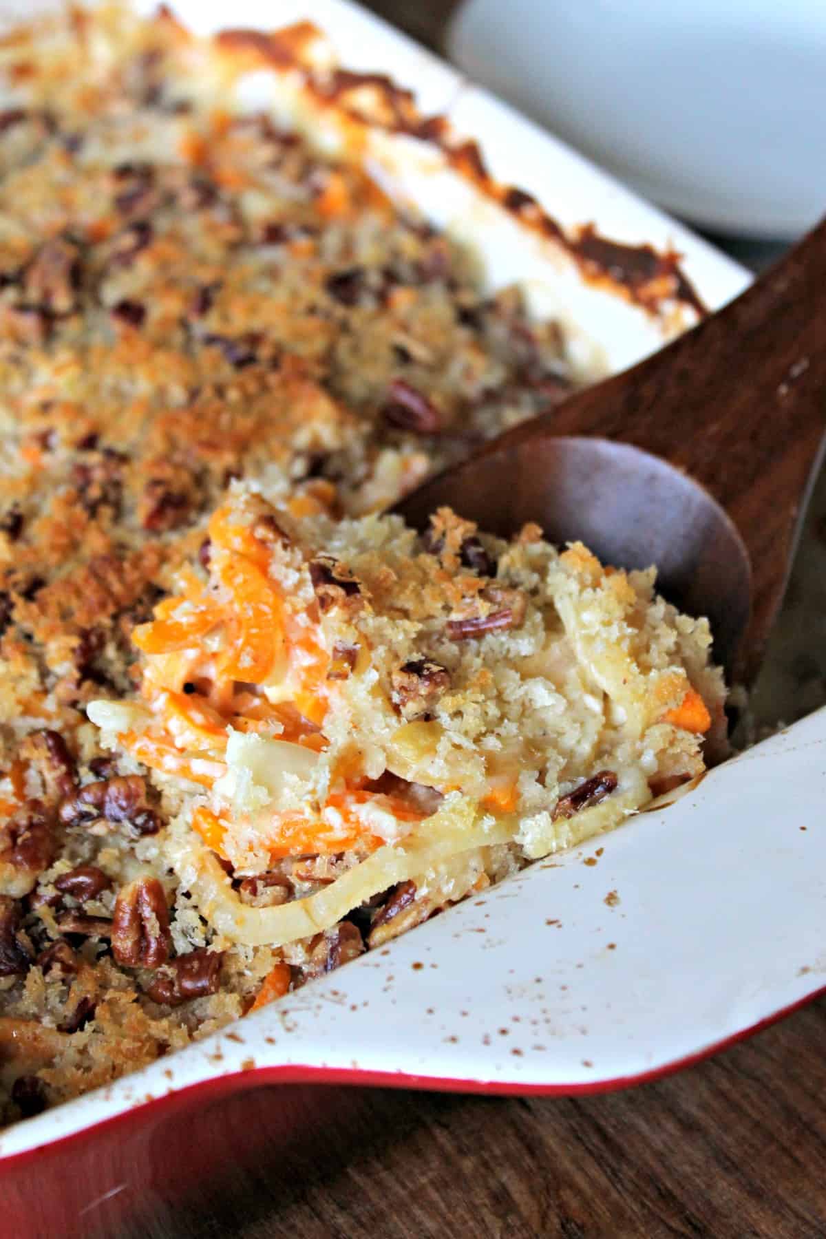 Spiralized Sweet Potato, Apple & Gouda Gratin! A new, delicious way to serve up sweet potatoes at your holiday table. Savory, sweet, creamy & crunchy!