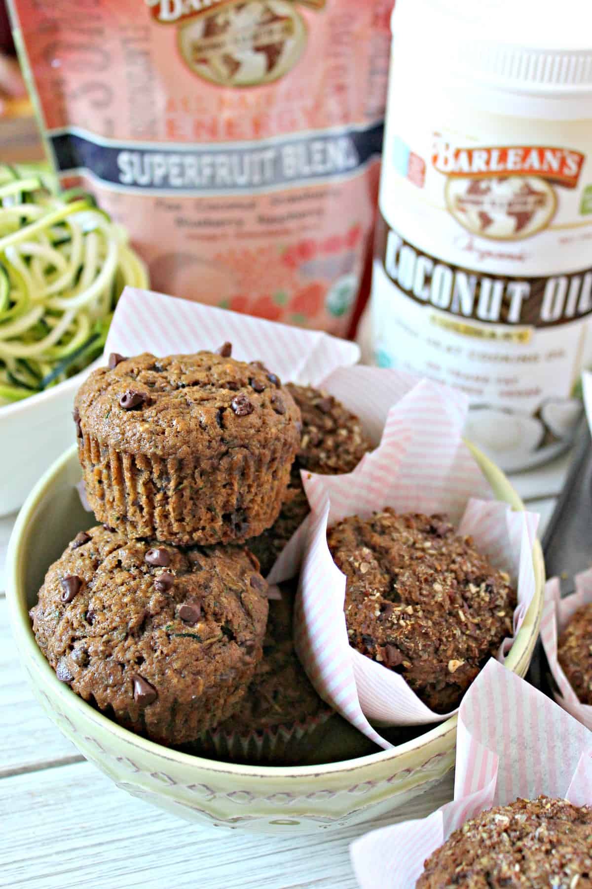 Healthy Zucchini Superfruit Muffins! You won't believe these muffins make a healthy addition to breakfast and brunch by tasting them, but they're bursting with wholesome ingredients! Sweetened with coconut sugar and fortified with flax, superfruits and zucchini, they're a muffin you'll want to make again and again.
