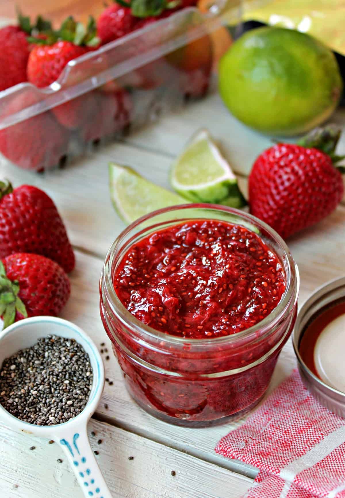Strawberry Lime Chia Jam! Preserve the sweet, tantalizing flavors of summer with a quick, homemade jam. Chia seeds help thicken and gel this easy jam, so there's no need for pectin or excessive sugar. An easy way to enjoy berries year-round!