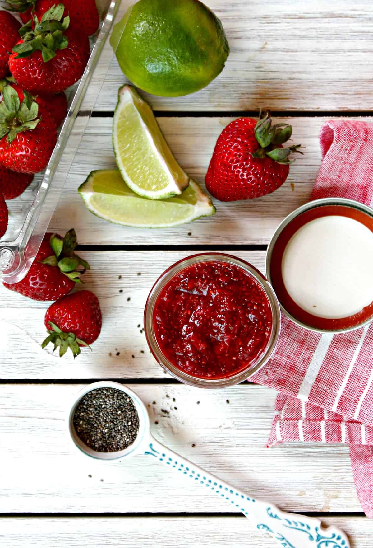 Strawberry Lime Chia Jam! Preserve the sweet, tantalizing flavors of summer with a quick, homemade jam. Chia seeds help thicken and gel this easy jam, so there's no need for pectin or excessive sugar. An easy way to enjoy berries year-round!