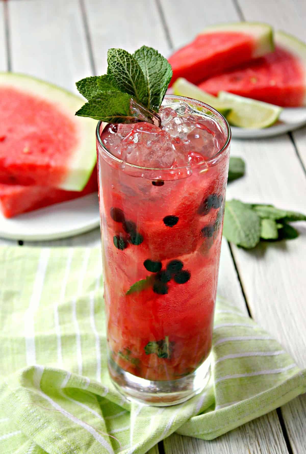 Watermelon Mojitos! If summer had an official drink, this would be it: Sweet watermelon muddled with fresh mint leaves, lime juice and rum! It's the perfect cocktail for poolside gatherings or summer parties -- make a couple for an at-home "happy hour" or mix up a pitcher for a crowd!