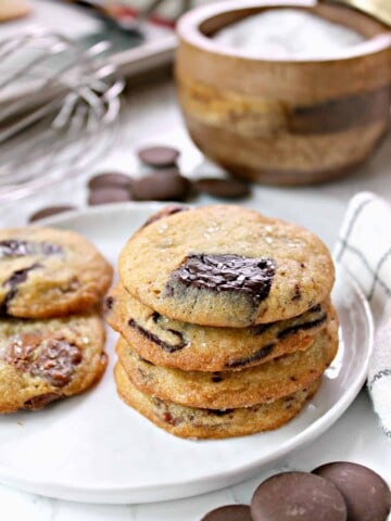Salted Chocolate Chip Cookies! These crispy chewy chocolate chip cookies from Chef Dan Kluger are made with chocolate wafers instead of chips, making for gobs of chocolatey goodness with each bite. Add them to your chocolate chip cookie repertoire! 