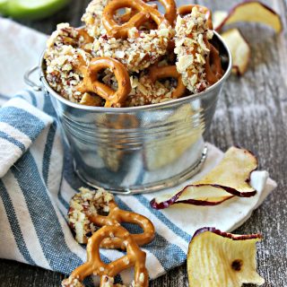 Caramel Apple Dipped Pretzel Bites! Crunchy mini pretzels dipped in sweet caramel and rolled in crushed apple chips will be the highlight of your fall dessert table! These irresistible, easy-to-make bites make fantastic game day snacks for tailgates and fall parties; they also make a great treat to package and gift for any autumn occasion.