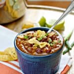 Vegetarian Lentil & Farro Chili! This easy vegetarian chili gets an added boost of nutrition from lentils, and a great texture from the addition of farro. The rich flavor and heartiness of this dish is exactly what you need this fall -- you may be surprised when you don't even miss the meat!