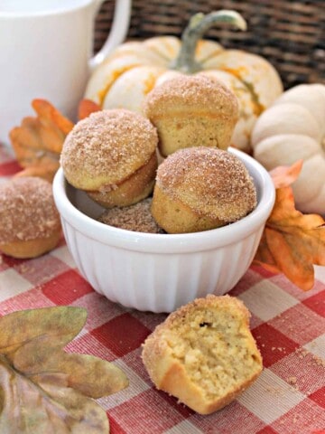 Mini Pumpkin Spice Donut Muffins! These petite pumpkin spice muffins imitate a breakfast favorite with a sugar and spice-encrusted dome. All of the flavors of fall rolled up into a tasty breakfast or brunch treat! 