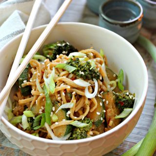 Easy Spicy Peanut Noodles! Need a quick weeknight meal that pleases the masses? This easy peanut noodle recipe comes together in minutes and is a great way to clean out odds and ends in the refrigerator, to boot! 
