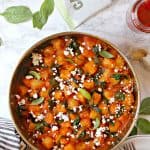 Easy Skillet Gnocchi in Roasted Red Pepper Sauce with Spinach & Goat Cheese! Busy weeknights are no reason to settle for subpar meals! Using just a handful of items from Trader Joe's {substitutions included for those of you without TJ's}, you can make this satisfying comfort food dish!