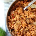 Closeup of Arroz Con Salchicha in skillet.