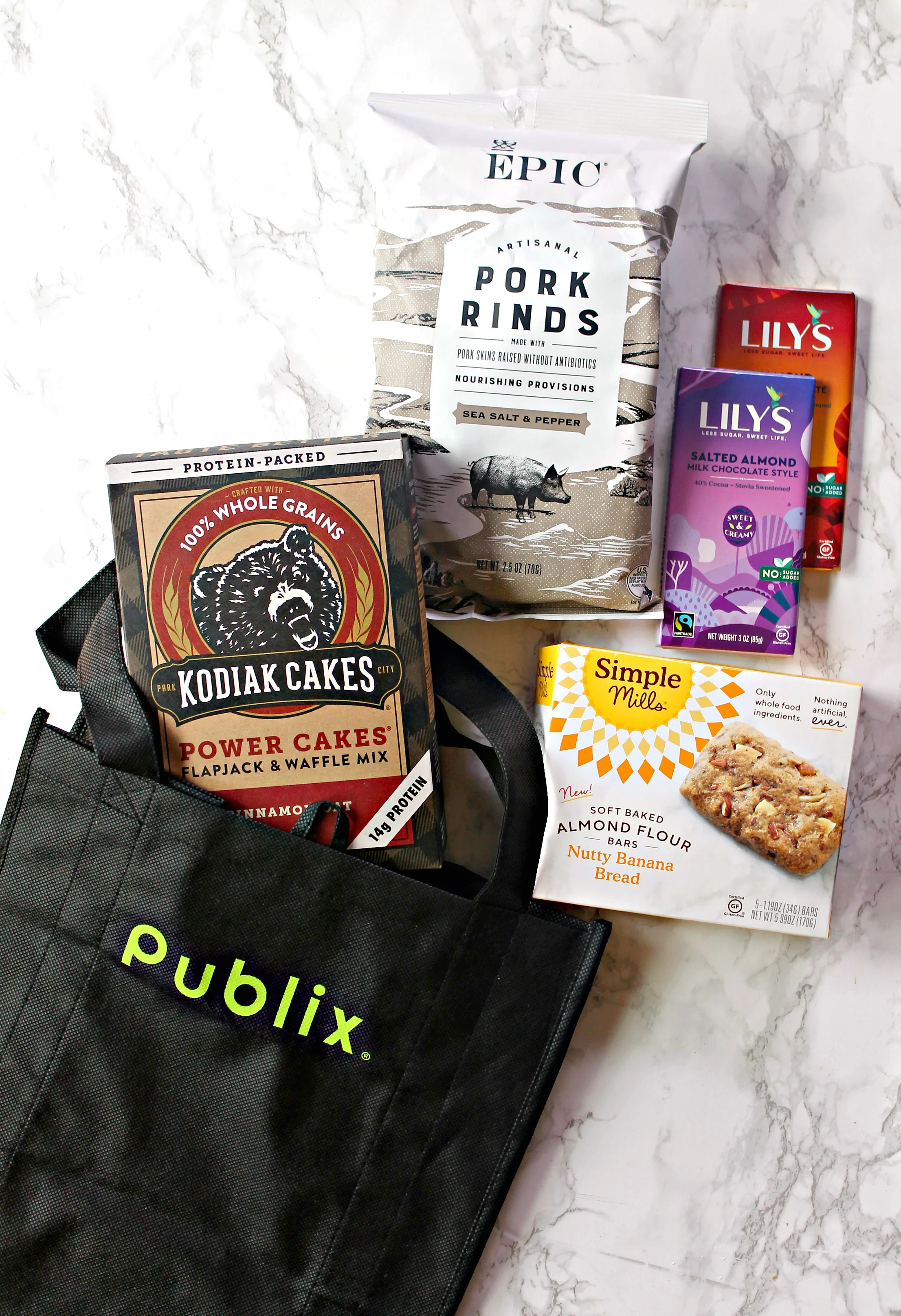 Pantry essentials overhead photo with Publix tote.