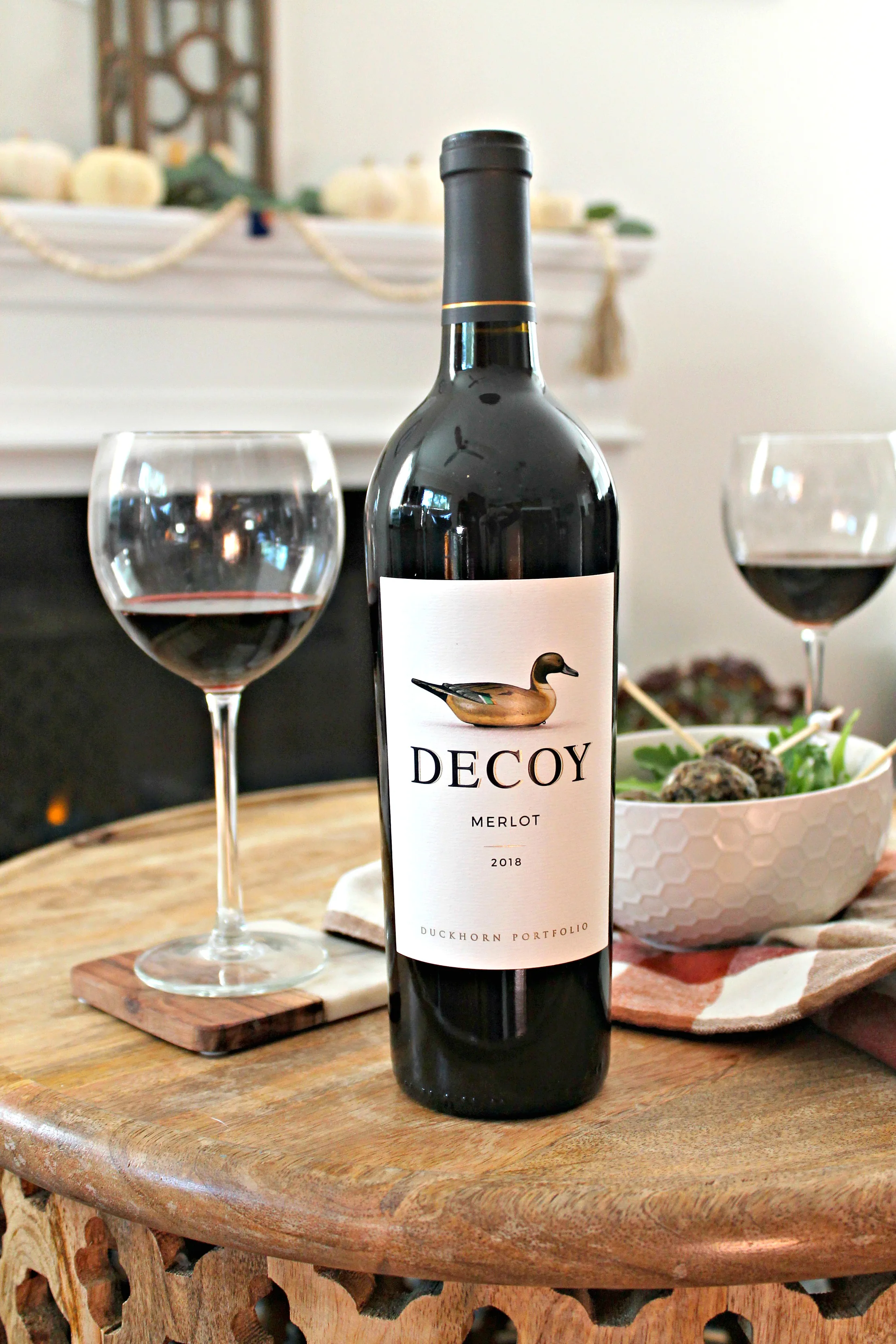 Close up of bottle of Decoy Merlot wine.