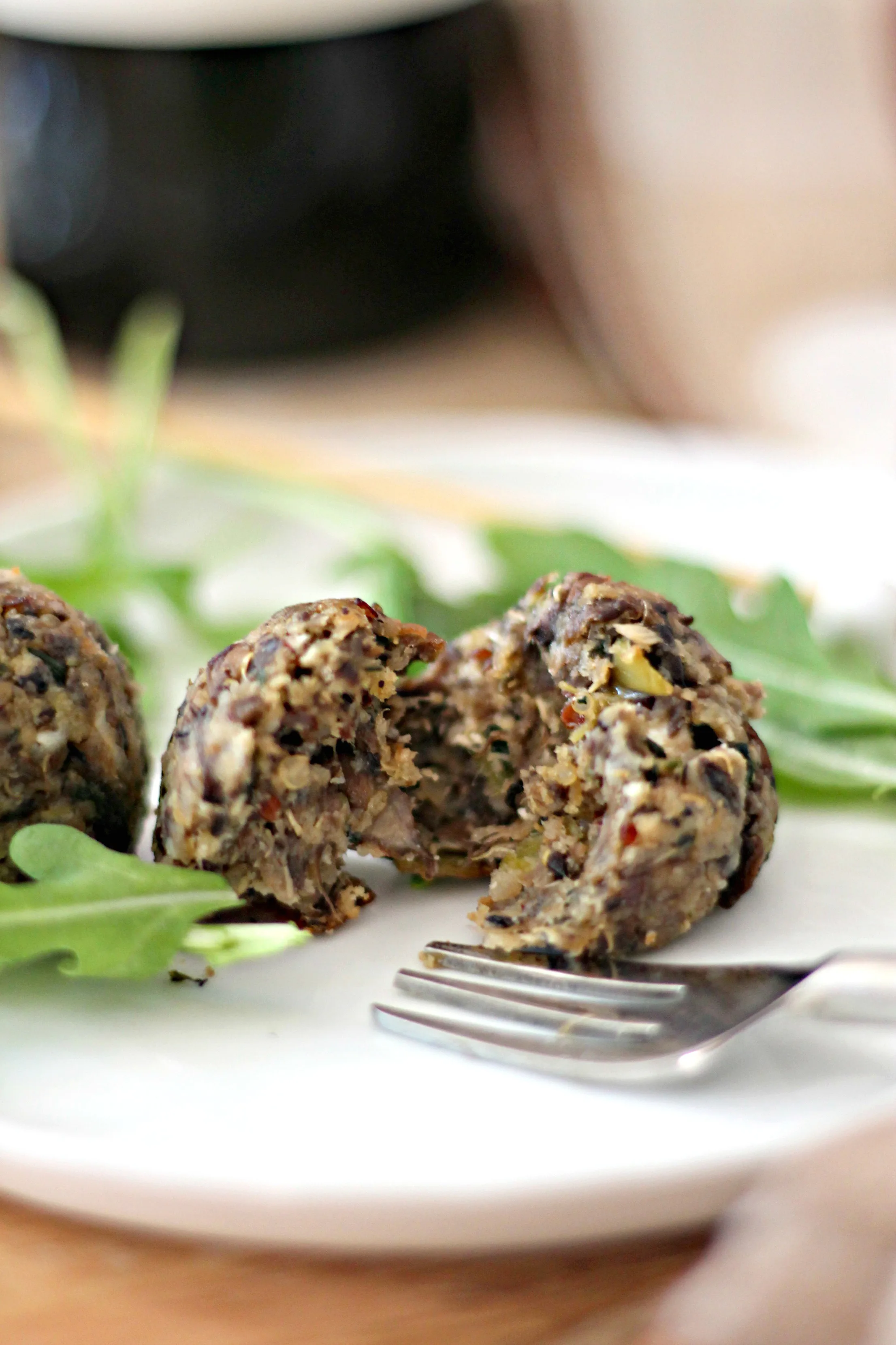 Close up of interior of vegetarian meatballs.