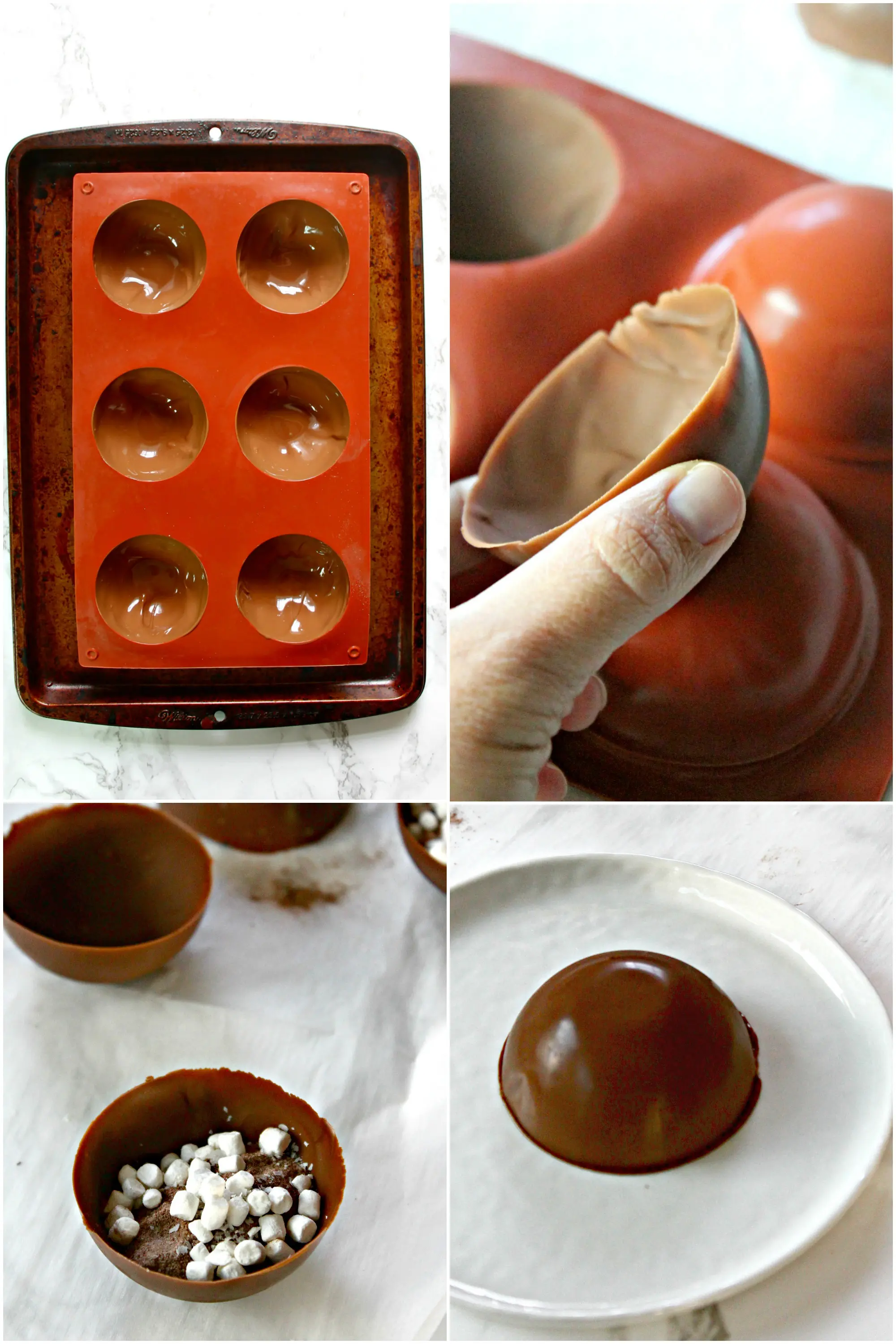 Photo collage of steps for making hot chocolate bombs.