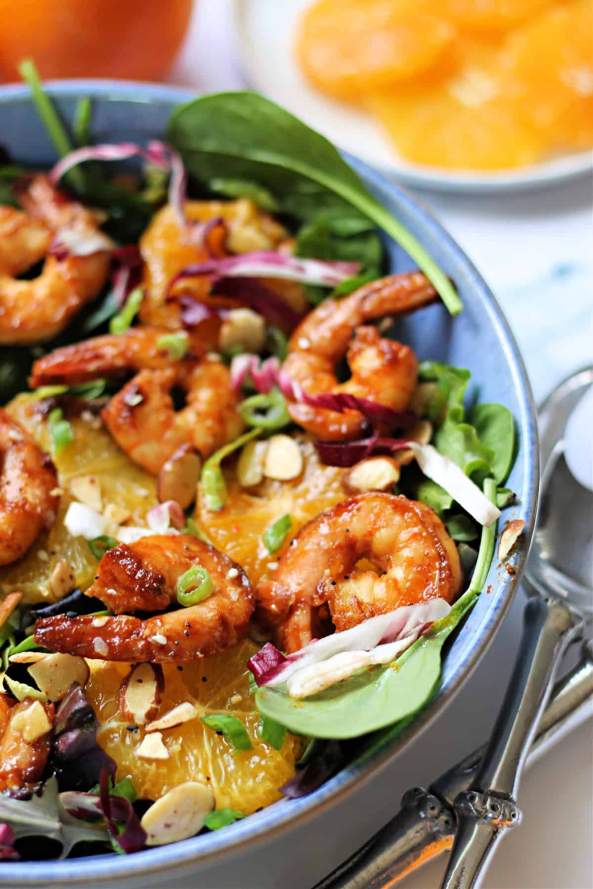 Close up shot of Asian-Inspired Orange Salad with Shrimp.