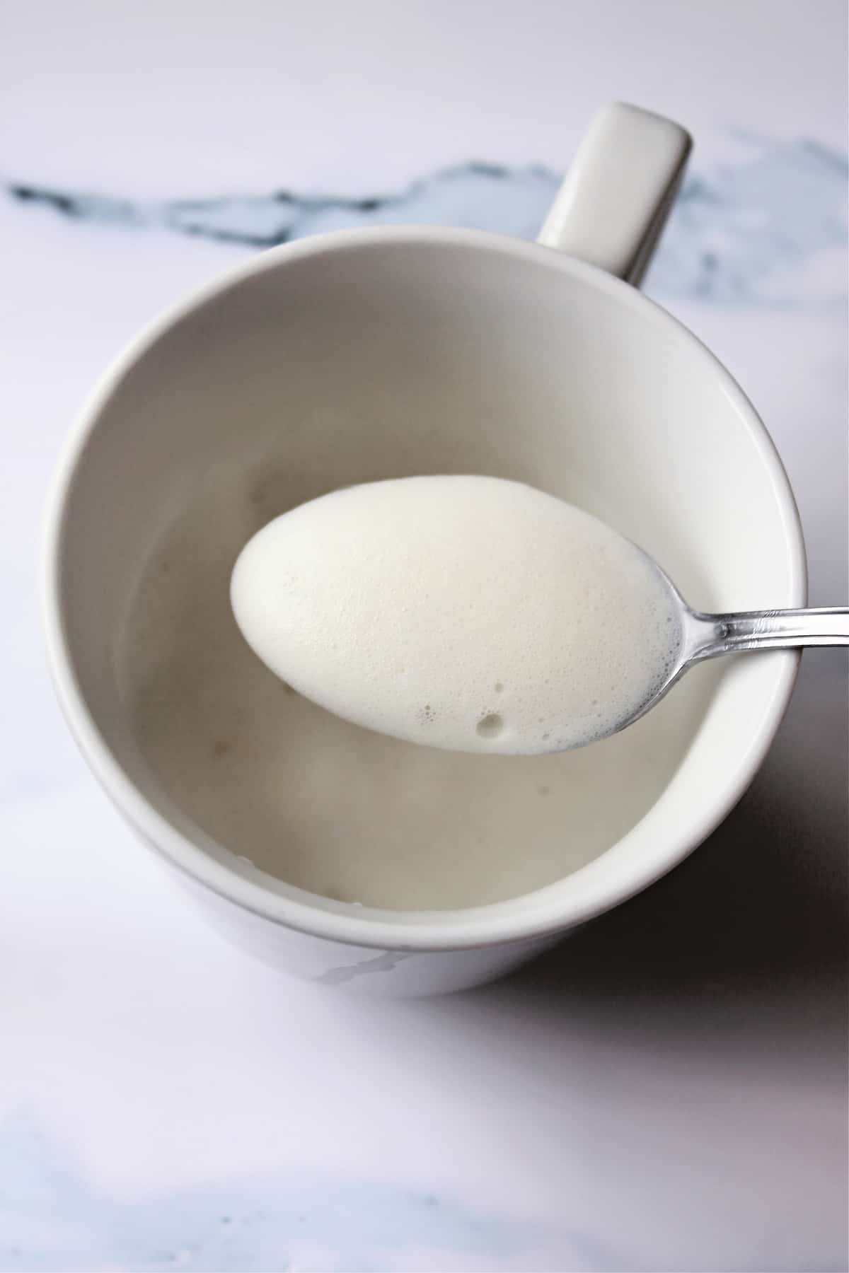 Frothed milk on a spoon to show texture.