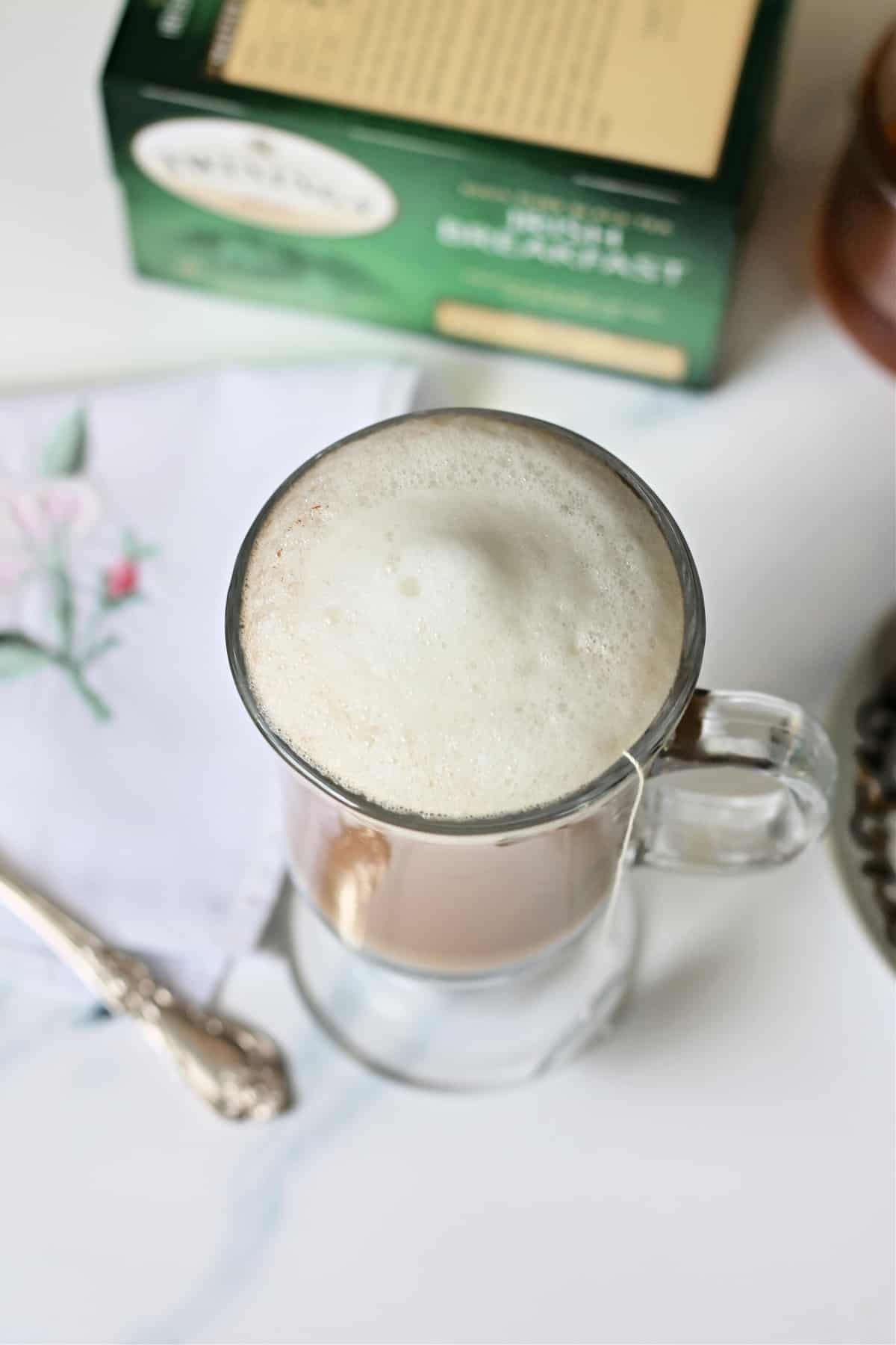 Dublin Fog Tea Latte in a glass mug.