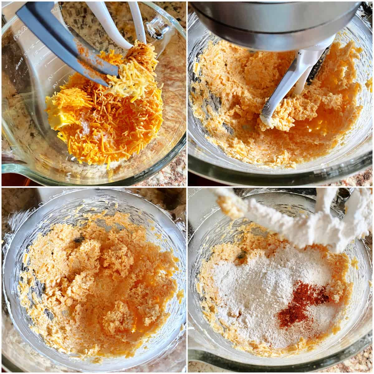 Collage of Southern Cheese Straws recipe process, showing different stages in mixing bowl.