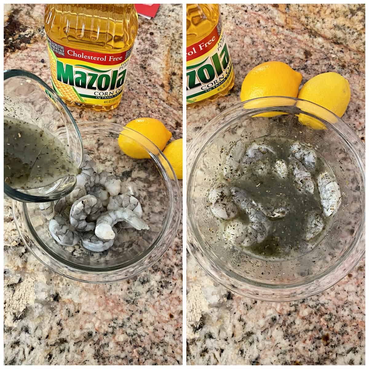 Collage of shrimp in bowl being marinated.