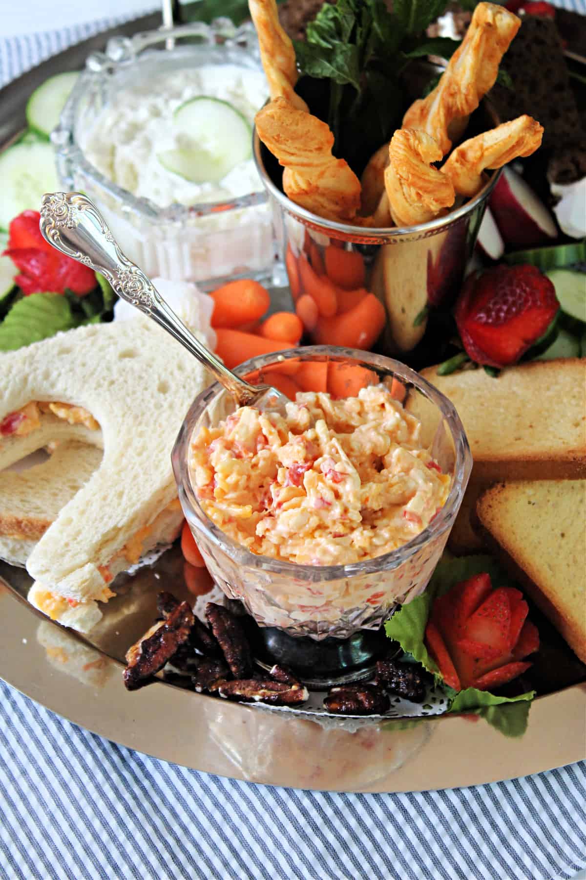 Pimento Cheese in a glass serving dish.