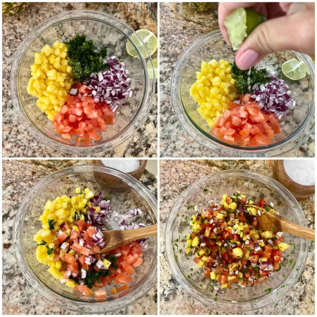 Collage of recipe process shots for Pineapple Pico de Gallo.