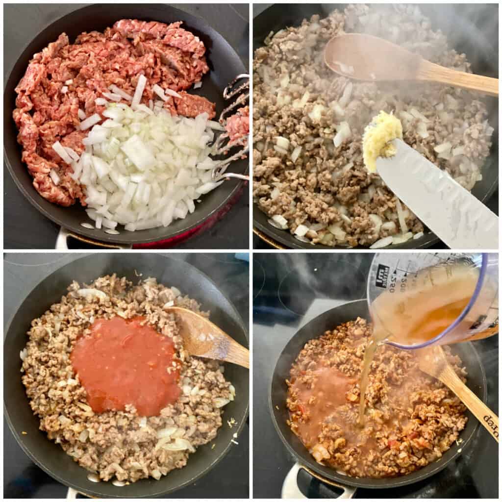 Process shots of making Stuffed Cubanelle Pepper filling in a collage.