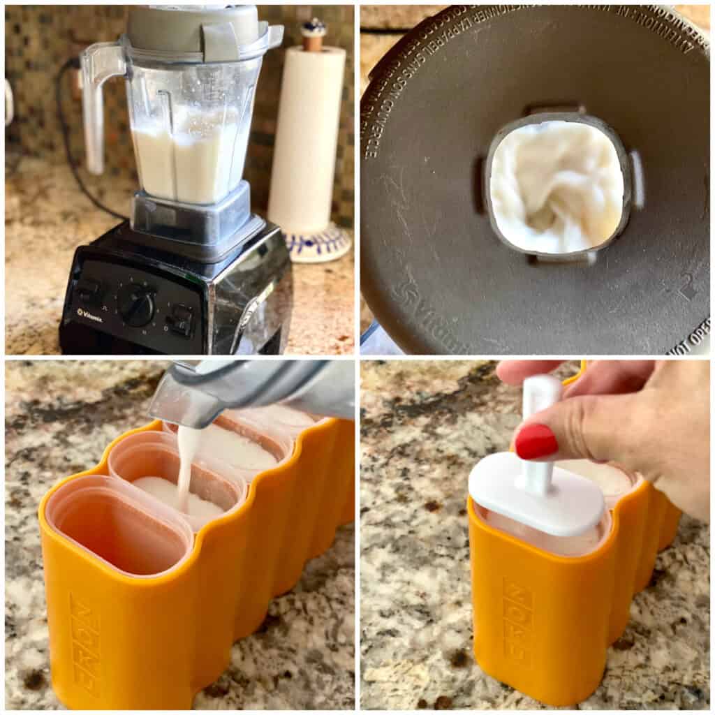 Collage of steps for making Coconut Margarita Popsicles.