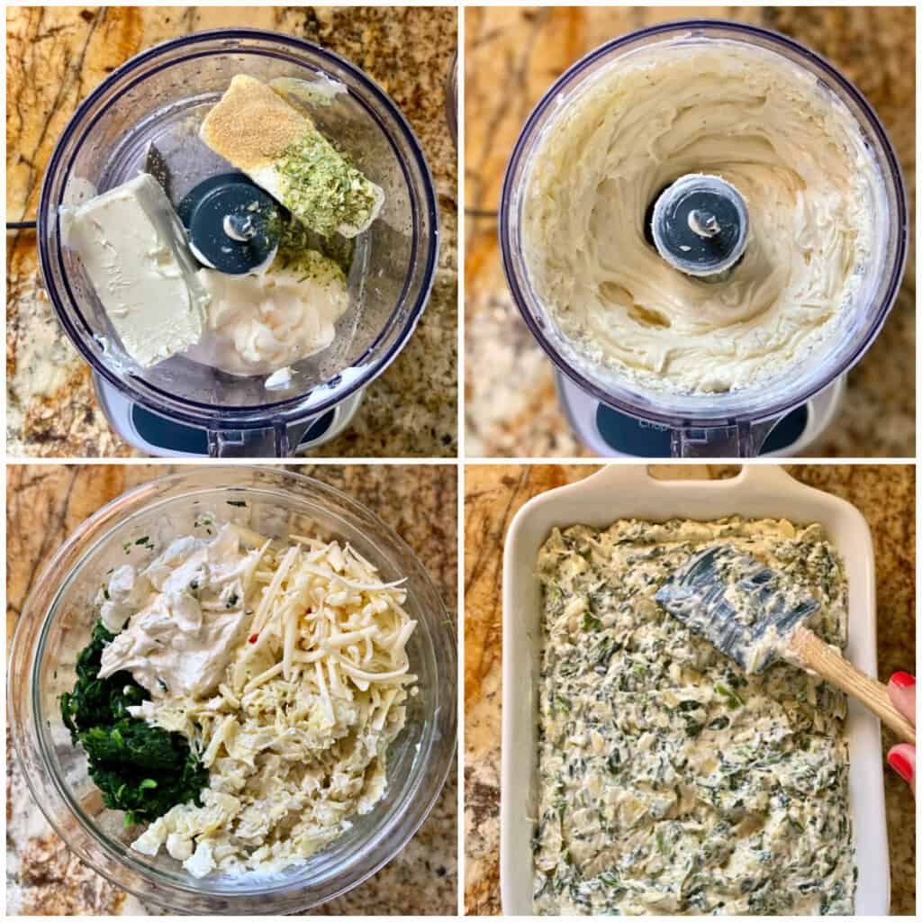 Collage of steps for making Hot Spinach and Artichoke Dip.