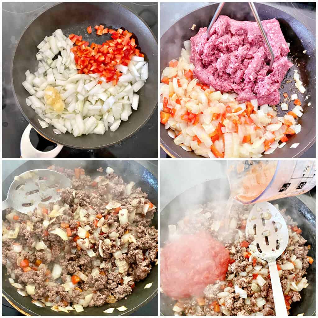 Collage of steps for making Cuban Picadillo.