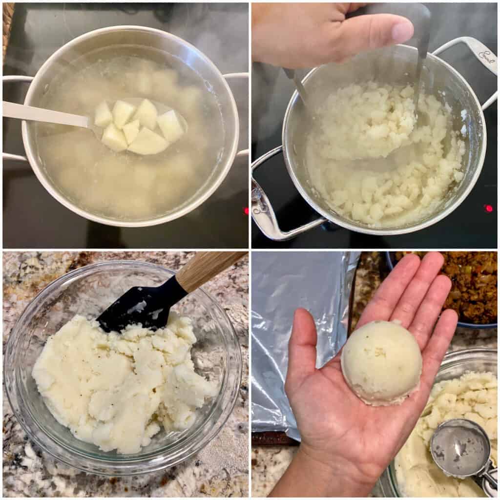 Collage of steps for making potato mixture for Cuban Papas Rellenas.