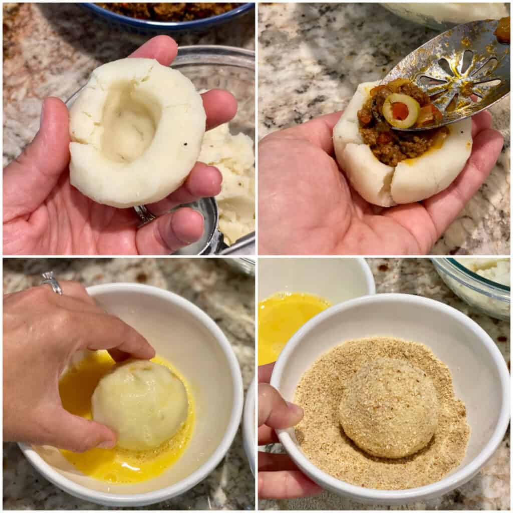Collage of steps for filling, shaping and breading Cuban Papas Rellenas