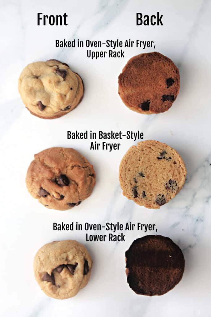 Diagram of air fryer cookies to show differences in baking in each style of air fryer appliance.