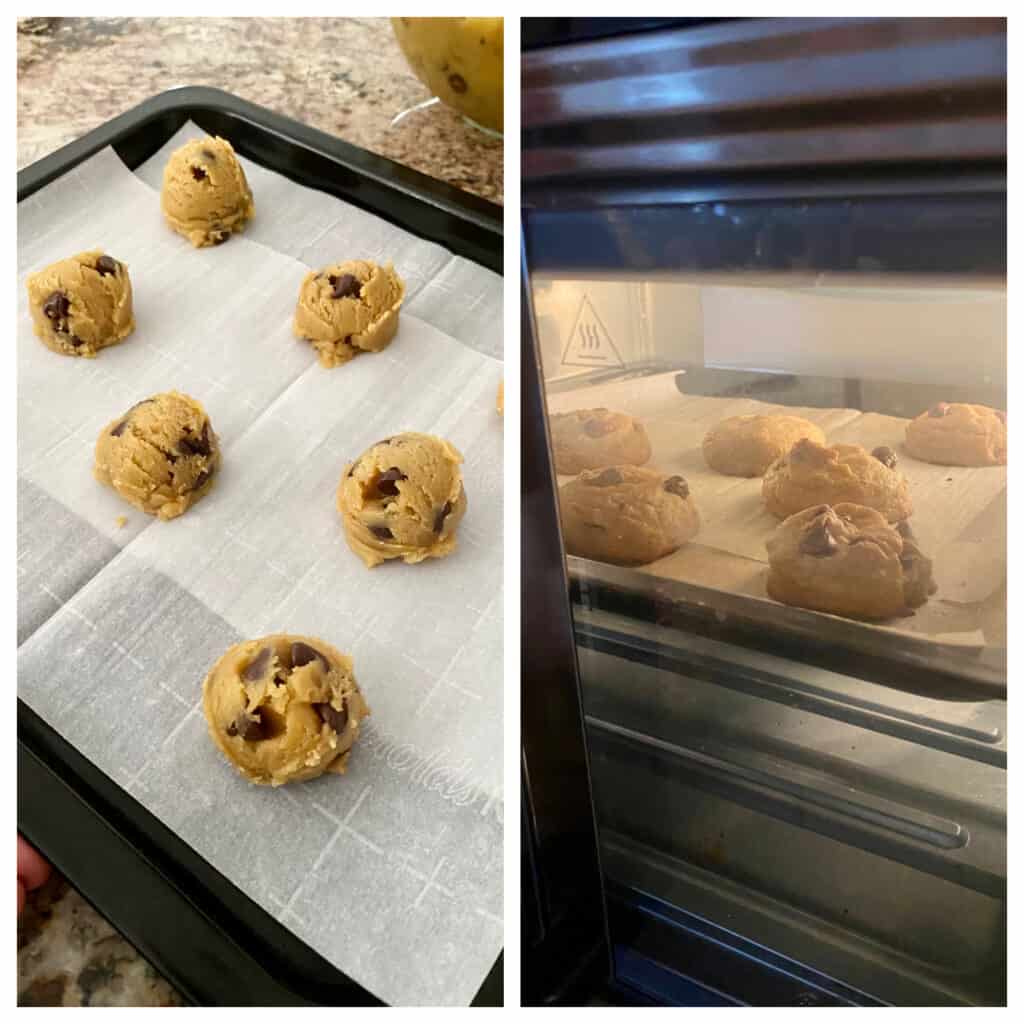 Cookie dough balls place on the oven-style air fryer baking pan on a sheet of parchment paper.